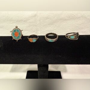 Native American Navajo Sterling Silver Turquoise & Coral Vintage Rings Lot Of 4